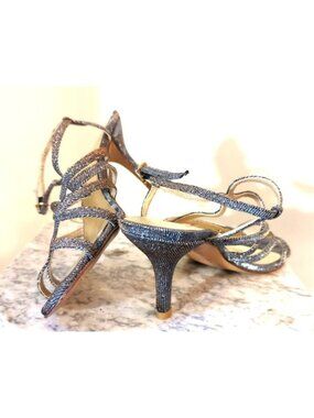 Stuart Weitzman Turning Up Pyrite Nocturn Silver Metallic Strappy Heels 8 1/2 M